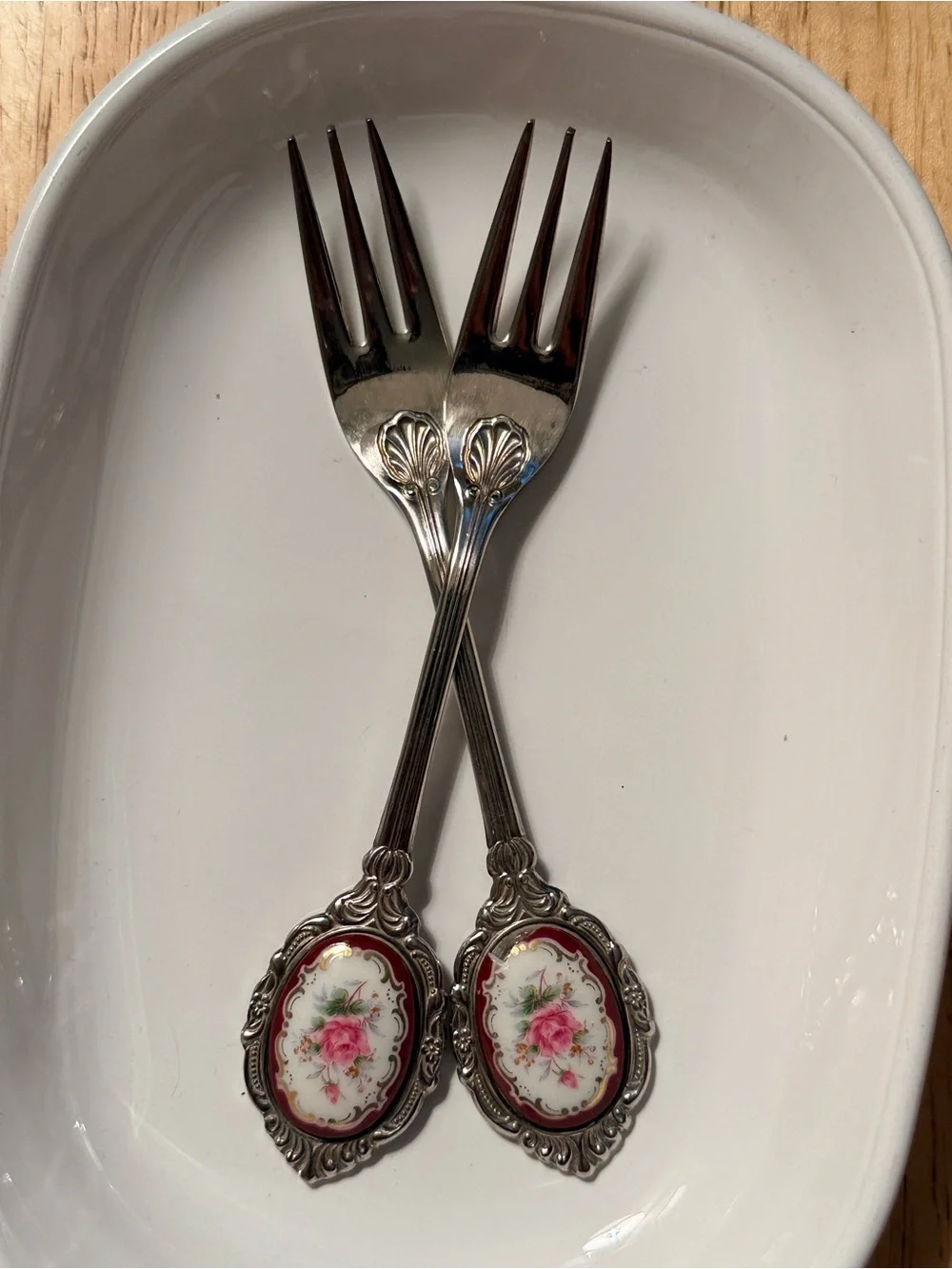 Ornate Floral Porcelain Handle Dessert Forks - Silver & Pink. Set of 2